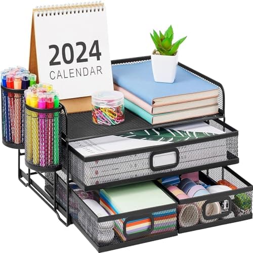 Marbrasse 3-Tier Mesh Desk Organizer with Drawer, Multi-Functional Paper Letter Tray with 2 Pen Holders - image 1