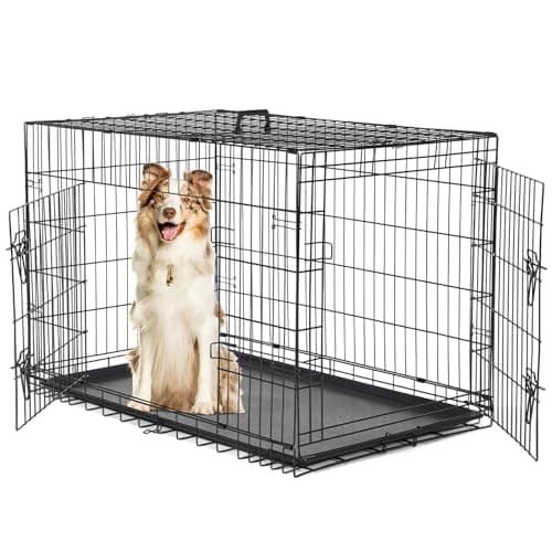 Sweetcrispy 42 Inch Dog Crate, Medium Large Crates Double Door Folding Metal Wire Dog Cage with Plastic Leak