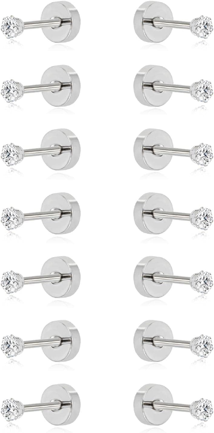7 Pairs 14K Gold Plated Flat Back CZ Stud Earrings 2-8mm - image 1