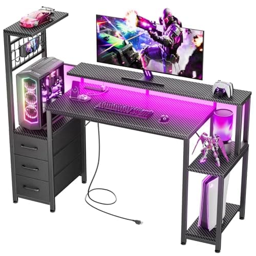 Korfile 48 Inch Gaming Desk with LED Lights & Power Outlets
