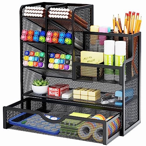 Marbrasse Mesh Pen Holder for Desk, Multi-Functional Pencil Organizer with Drawer - image 1