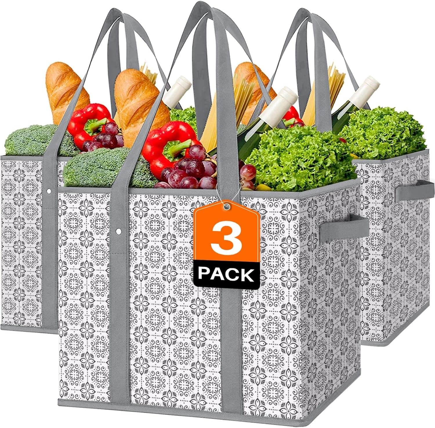 WISELIFE 3-Pack Reusable Grocery Bags Large Heavy Duty with Reinforced Bottom - image 1